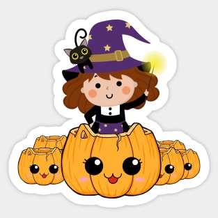 Cute little halloween witch with pumpkin and black cat Sticker